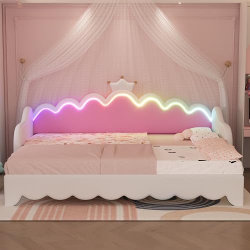 CITYLIGHT Twin Size Upholstered Daybed with Crown Headboard, Cute Bed Frame with LED, Extending Daybed Princess Bed for Girls (White)