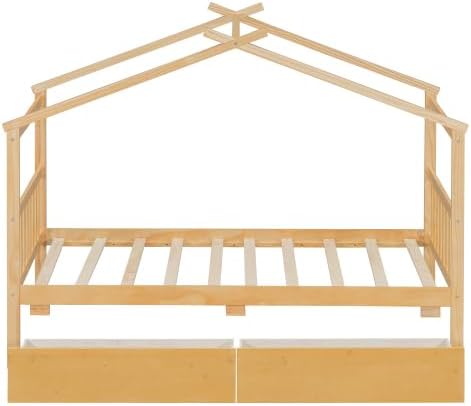 Harper & Bright Designs Twin Size House Bed with Two Drawers, Wooden Kids Twin Bed Frame with Storage, Roof Design, Natural