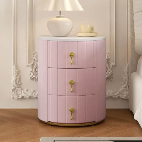 Bellemave Upholstered Nightstand with 3 Drawers, Round Bedside Table with Metal Handles, Velvet End Table, Marbling Stickers Top Nightstand (Pink)