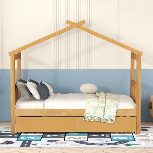 Harper & Bright Designs Twin Size House Bed with Two Drawers, Wooden Kids Twin Bed Frame with Storage, Roof Design, Natural