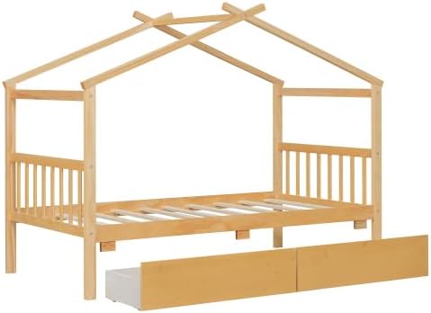 Harper & Bright Designs Twin Size House Bed with Two Drawers, Wooden Kids Twin Bed Frame with Storage, Roof Design, Natural