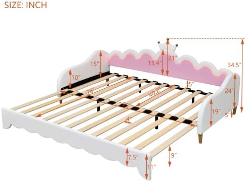 CITYLIGHT Twin Size Upholstered Daybed with Crown Headboard, Cute Bed Frame with LED, Extending Daybed Princess Bed for Girls (White)
