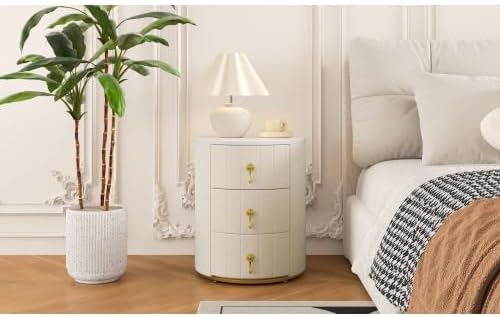Bellemave Upholstered Nightstand with 3 Drawers, Round Bedside Table with Metal Handles, Velvet End Table, Marbling Stickers Top Nightstand (Beige)