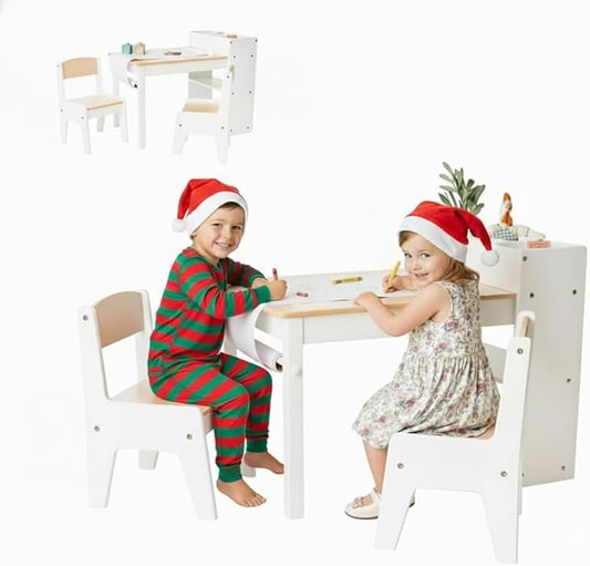 Art Table for Kids - 3 in 1 Kids Table and Chairs Set (2 Chairs Included), White Wooden Craft Table for Kids with Bookshelf and Paper Roller, Arts & Crafts Activity Table - Kids Art Table by Cal & Rye