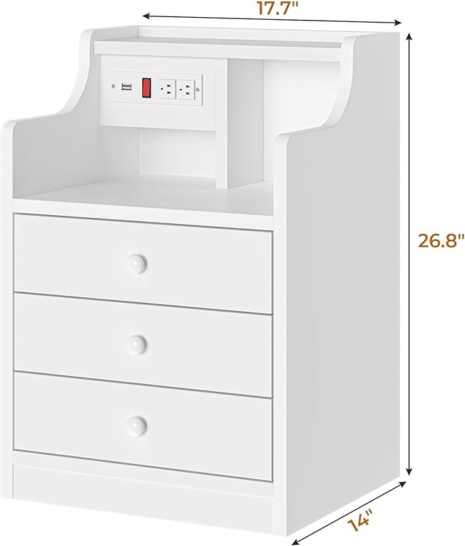 ADORNEVE Night Stand Set 2,White Nightstand with Charging Station & Hutch,Night Stands for Bedrooms Set of 2,Bedside Table with Drawers