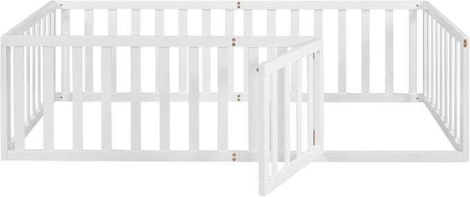 Merax Twin Floor Bed with Safety Guardrails and Door, Wood Montessori Floor Bed Frame for Kids, Twin Playhouse Bed Frame for Baby Girls and Boys, White