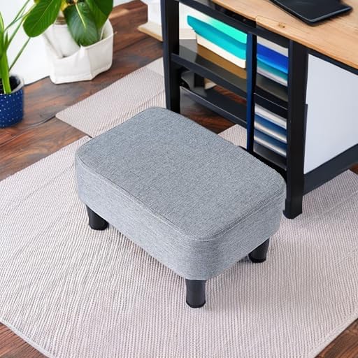 IBUYKE 16.54" Small Footstool Linen Fabric Pouf Ottoman Footrest Modern Home Bedroom Rectangular Stool, with Padded Seat Pine Wood Legs, Gray Blue RF-BD214-D