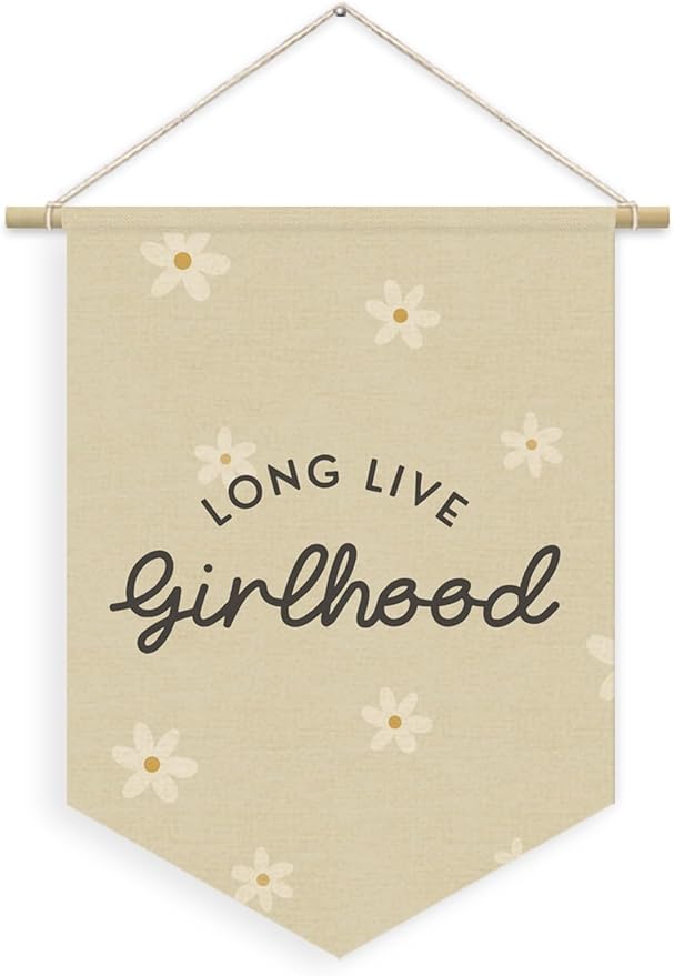 Girl Nursery Decor, Long Live Girlhood Linen Canvas Banner, Neutral Floral Wall Hanging Pennant Flag Banner for Girl Nursery Toddler Kids Room Bedroom Dorm Playroom Decor, 15x11in