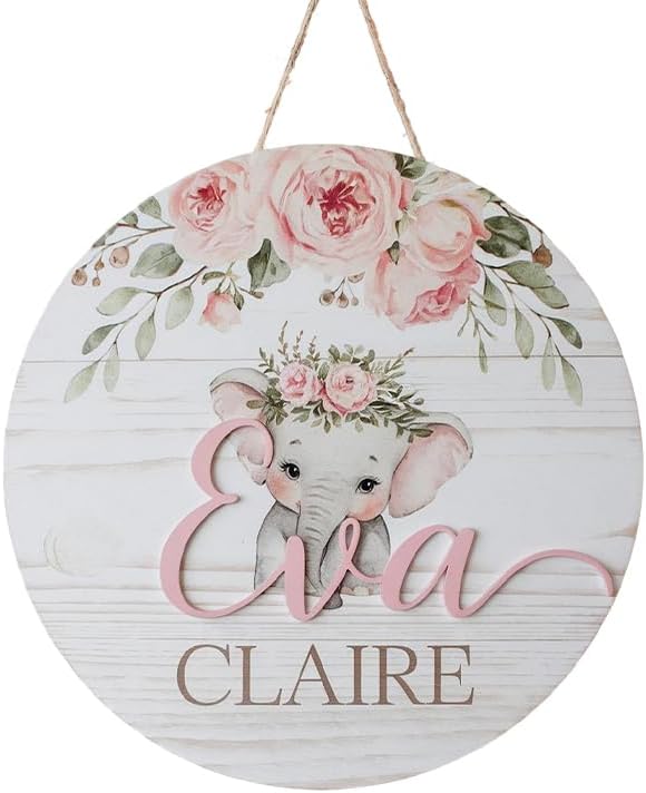 Personalized Name Signs for Kids Room, Floral Elephant Sign for Baby Door Decor, Newborn Gifts for Girl, Girls Nursery Wall Bedroom Decorations, Mother's Day Gifts for New Mom Dad Gift