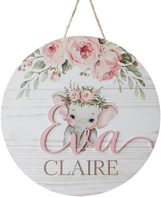 Personalized Name Signs for Kids Room, Floral Elephant Sign for Baby Door Decor, Newborn Gifts for Girl, Girls Nursery Wall Bedroom Decorations, Mother's Day Gifts for New Mom Dad Gift