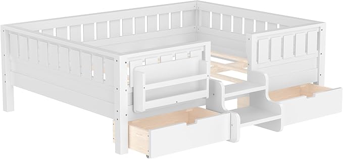 Bellemave Full Size Bed with Slats and Stairs, Full Size Platform Bed Frame with Fence, Bookshelf and Storage Drawers, Easy Assemble Beds for Kids, Girls, Boys, White