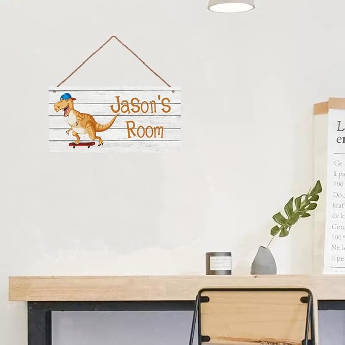 Personalized Signs Cute Dinosaur Sign For Kids Room,Playing skateboards, Custom Name Door Wall Decor For Boys Room Floral Nursery Art Plate For Girls Bedroom Little Man Cave