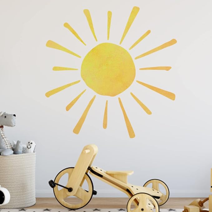 35.4" x 35.4" Watercolor Boho Sun Wall Decals Peel and Stick, PVC Sunrise Wall Stickers, Yellow Sunshine Wall Art Decor for Kids Room Playroom Nursery Bedroom (Boho Sun-3)