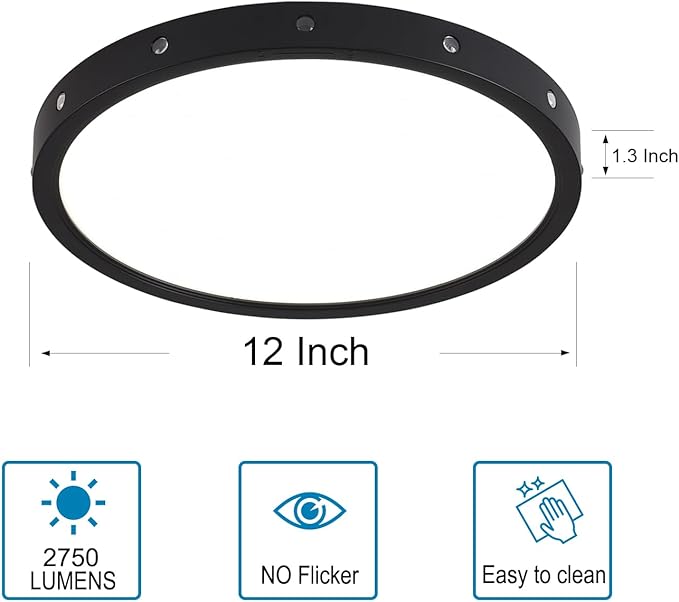 12in Flush Mount led Ceiling Light fixtures.24W Ceiling lamp with Night Light for Bedroom, Kids Room,Hallway Baby’s Nursery Black Round