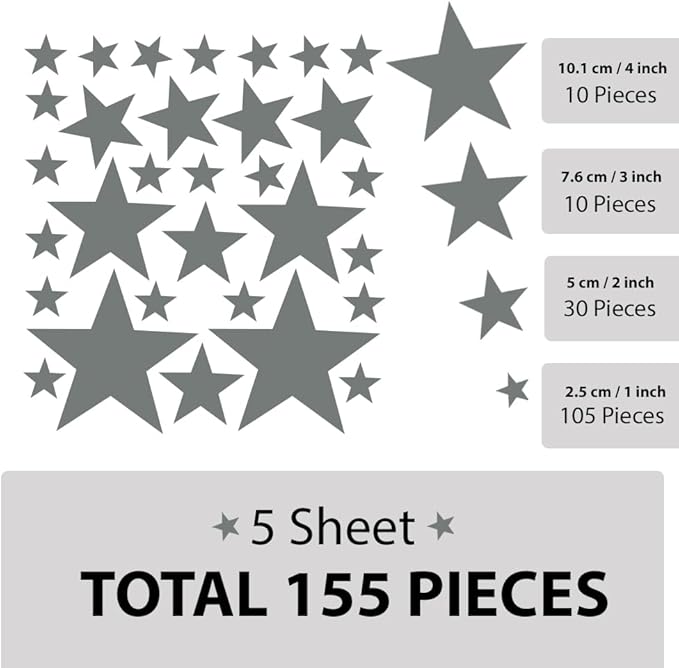 Peel and Stick Dark Grey Star Wall Decals – 155 pcs, Reusable & Removable for Easy Room Decor, Perfect for Kids' Bedrooms and Nurseries