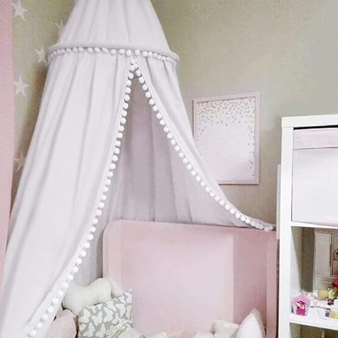 Bed Canopy, Hanging Round Dome Mosquito Net Curtains Tent Canopies Over Cute Princess Style Decoration Crib Ceiling Castle For Girls Baby Kids Boys Child Nursery Bedroom Reading (White)