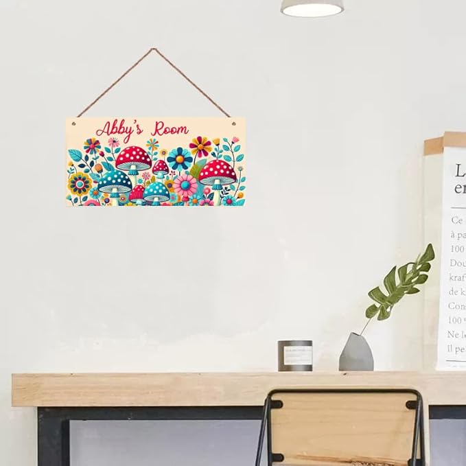 Personalized Name Vintage Mushroom and Flowers Sign For Girls Room Baby Nursery Door Wood Plaque Hanging Wall Art Decor For Kids Bedroom Nursery Home Kitchen Garden Yard Wall Club