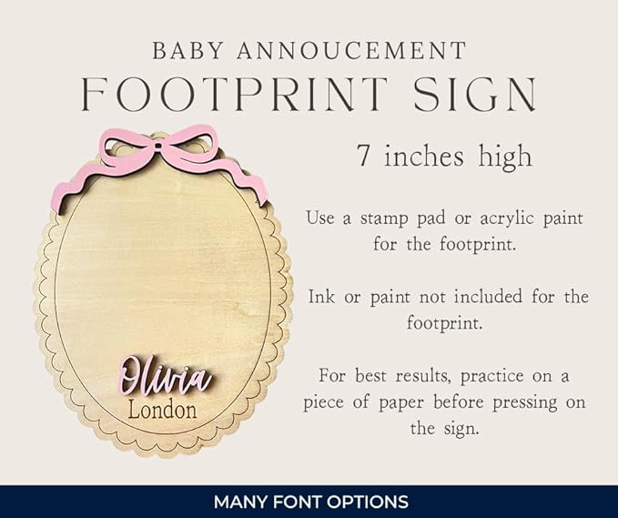 Personalized Baby Announcement Footprint Sign, Oval Scalloped Plaque – Newborn Photo Prop & Nursery Keepsake (Footprint Sign)