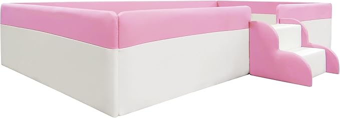 Merax Upholstered Kids' Daybed, Daybed Frame with Fence and Stairs, No Box Spring Needed, Twin Size, Pink+White