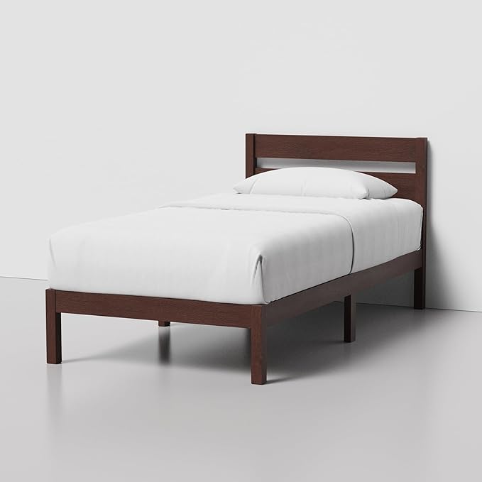 LIFEMENT Classic Wood Platform Bed Frame with Headboard, Essential, Noise Free, Under Bed Storage, No Box Spring Needed, Easy Assembly (Walnut, Twin)