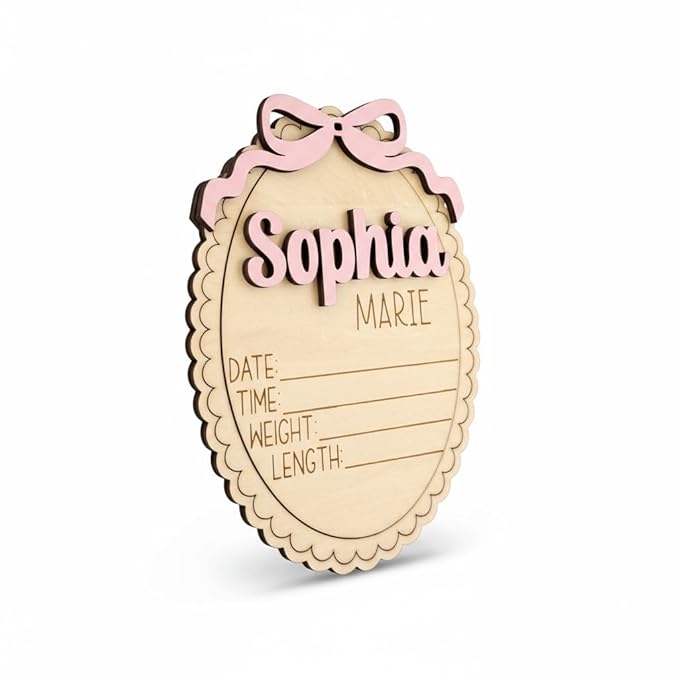 Personalized Baby Announcement Sign with Bow, Custom 3D Layered Scalloped Edge Name & Birth Stat Board for Newborn Photos (Bundle - Name + Stat Sign)
