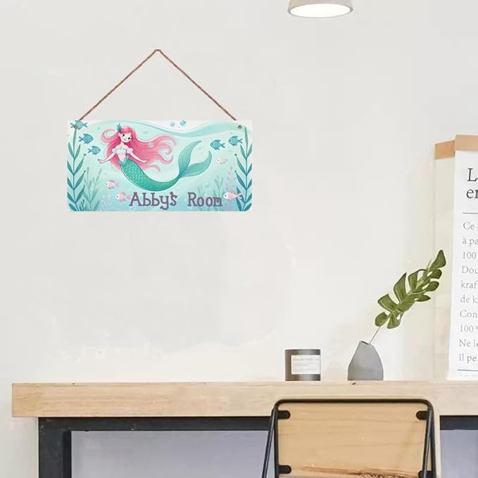 Personalized Sign Mermaid Decor For Girls Room and Baby Nursery Kids Bedroom Custom Name Wood Plaque Hanging Plate Ocean theme Wall Art Decor