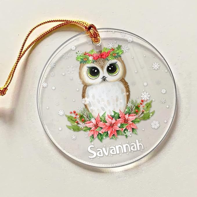 wowcugi Personalized Owl Ornament Custom Name Customized Christmas Ornament Acrylic Ornaments Gifts for Girl Women Boys Kids Animal Lovers Xmas Hanging Tree Decorations