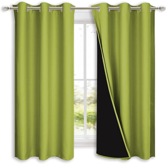 NICETOWN 100% Blackout Short Curtains with Black Liners, 2 Panels, 37" W by 60" L, Fresh Green, Solid Thermal Insulated Full Blackout 2-Layer Lined Drapes, Energy Efficiency Window Drapes for Bedroom