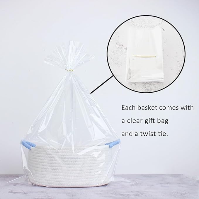 Yimi's Dream Basket for Gifts, Small Cute Shelf Baskets for Babies, Wedding, Birthday, White Rope Baskets with Blue Handle for Home Decor(Oval, 12"x 8"x 5")
