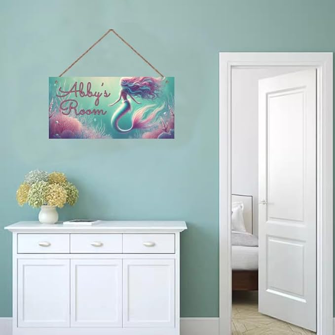 Personalized Signs Mermaid Sign For Kids Room Custom Name Door Wall Decor Floral Nursery Art Plate For Boys Room Girls Bedroom Little Man Cave