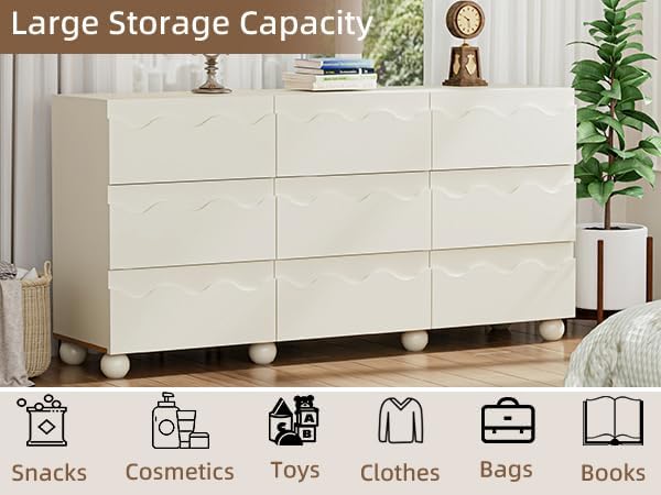 Anbuy Begie Scalloped Dresser for Bedroom with 9 Drawers, 63" Wide Modern Chest of Drawers with Hidden Handle, Wooden Dresser, Fluted Wood Closet Clothes Storage Organizer for Living Room, Hallway