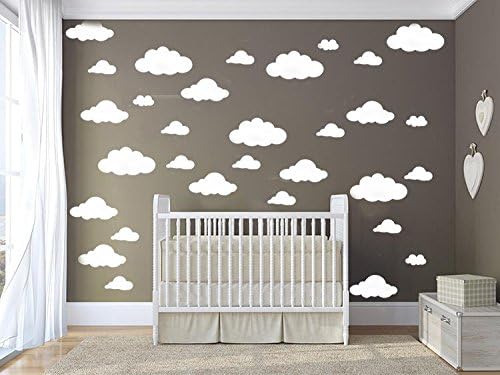 31pcs White Cloud Wall Decals – Mixed Sizes 4-10in Floating Vinyl Stickers for Baby Nursery, Kids Bedroom, Ceiling or Playroom – Removable DIY Home Mural Wall Art Decor YYU-14 (White)