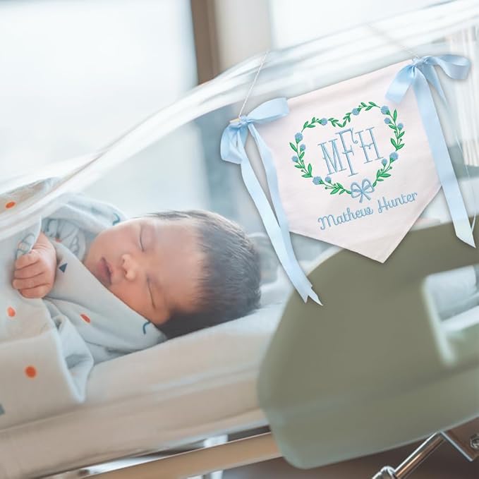 EMBROIDERED Name Baby Banner, Baby Flag with Monogram Name, Personalized Baby Name Sign, Customizable Baby Name, Baby Announcement Sign for Hospital (11)