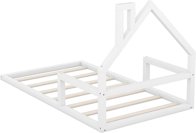 Harper & Bright Designs Twin Size Floor Bed with House Shaped Headboard, Montessori Floor Bed for Kids, Solid Wood Low Bed Frame for Bedroom, Playroom, Wooden Slats Support, White