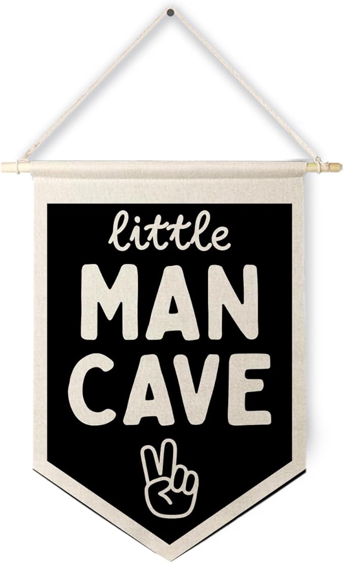 Qpenm Little Man Cave Wall Hanging Canvas Banner, Boys Room Decor, Modern Black and White Peace Sign Nursery Hanging Pennant Flag Posters Prints for Toddler Baby Little Boy Kids Room Playroom Decor