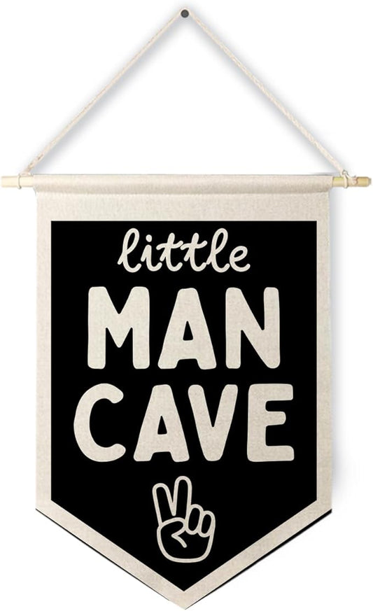 Qpenm Little Man Cave Wall Hanging Canvas Banner, Boys Room Decor, Modern Black and White Peace Sign Nursery Hanging Pennant Flag Posters Prints for Toddler Baby Little Boy Kids Room Playroom Decor