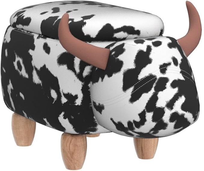 Home 2 Office Cow Ottoman for Kids' Bedroom, Playroom, Nursery, and Living Room, Animal Ottoman with Storage, Footstool for Kids, Black/White