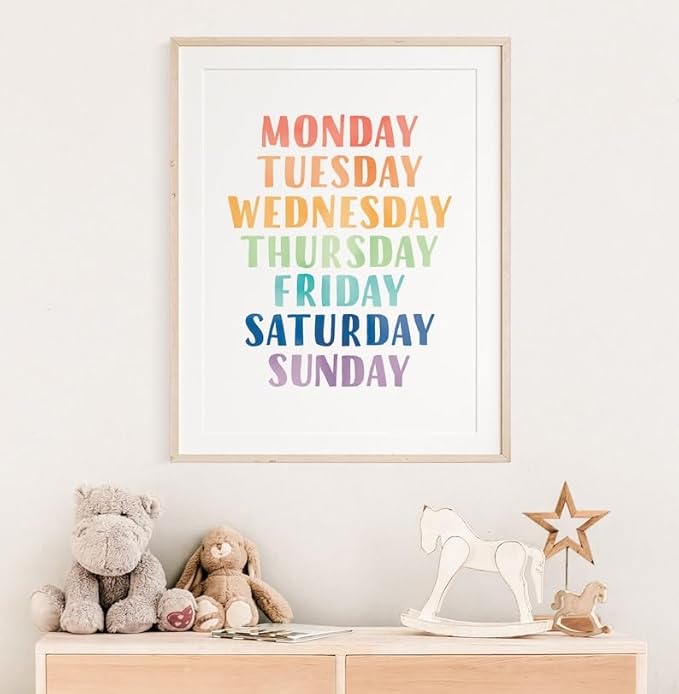 OZCONO Rainbow Days Week Poster, Colorful Learning Chart Kids, Preschool Wall Decor Art, Homeschool Education Guide (Unframed) (20x30)
