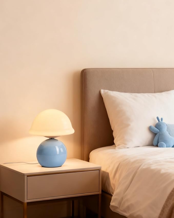 Mushroom Lamp for Bedroom, Cute Small Bedside Table Lamp with Glass Lampshade, Dimmable Nightstand Lamp Mid Century Modern Lamp for Home Living Room Decor (Blue)