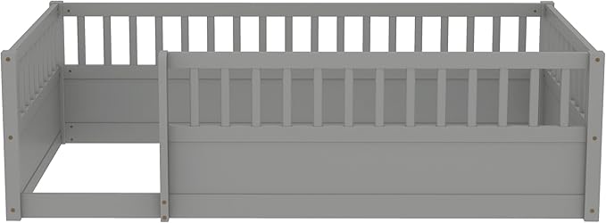 Harper & Bright Designs Twin Floor Bed for Kids, Wood Floor Beds with High Guardrails, Montessori Bed Twin with Opening Door for Boys, Girls, Kids, Solid Wood Structure, Gray