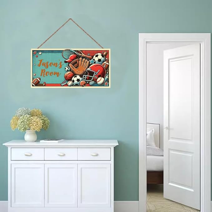 Personalized Sign Boys Bedroom Basketball Football Baseball Personalized Name Door Sign Wall Art Décor Wood Plaque Sign Wall Decor For Kids Room