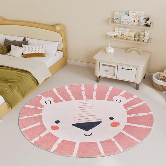 ABREEZE Lion Round Area Rug 4ft, Kids Play Rug Nursery Door Mat Washable Non-Slip Cartoon Themed Children Rug for Bedroom Living Room Kids Playroom,Pink