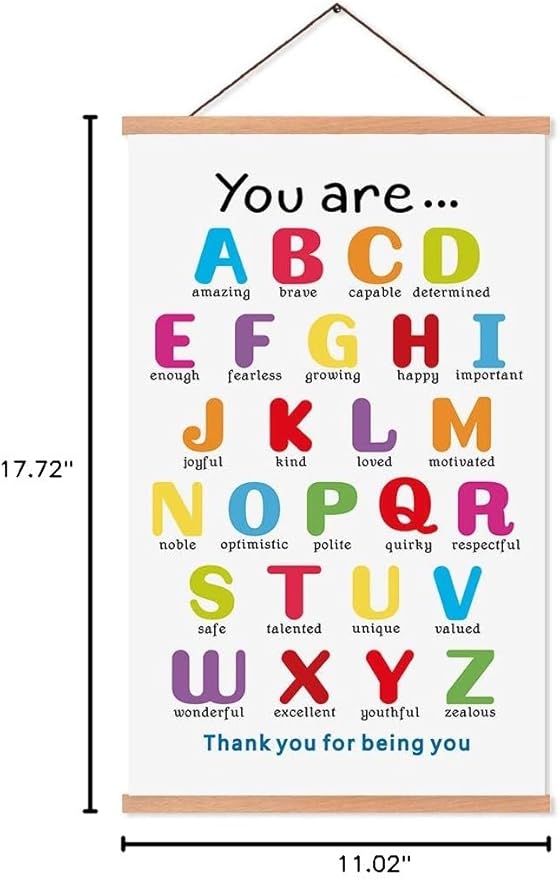 KAIRNE Colorful ABC Alphabet Art Print With Wood Magnetic Poster Hanger Frame , 28X45CM You Are Amazing Positive Affirmation Words Canvas Wall Art For Home School Classroom Room Decor