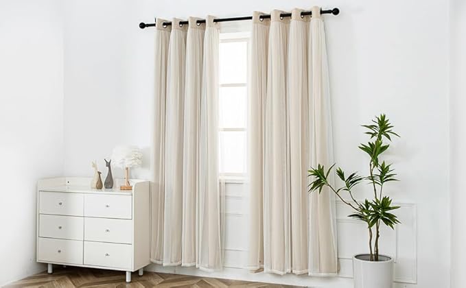 INLINAS Beige Blackout Curtains with Sheer Overlay - Grommet Top Thermal and Noise Reduction Panels for Bedroom and Living Room Light Blocking and Energy Saving, 52 x 63 Inches, Set of 2