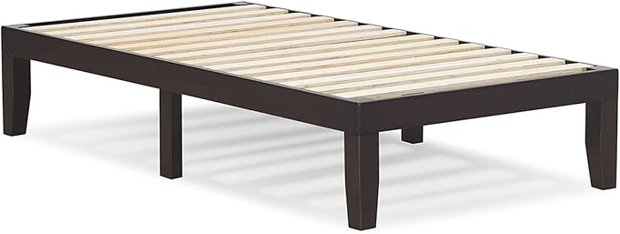 KOMFOTT 14 Inches Wood Platform Bed Frame Twin Size, Wooden Mattress Foundation with Rubber Wood Frame, Strong Wooden Slat Support, No Box Spring Needed, Bed Frame (Dark Brown)