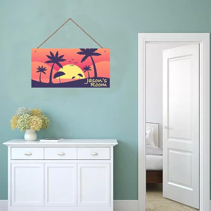 Personalized Signs Sunset Sign Ocean Island Wall Art Decoration Exquisite Decorative Signs Custom Name for Kids Room Wall Art Decor Coconut Tree Nursery Decor For Boys Bedroom