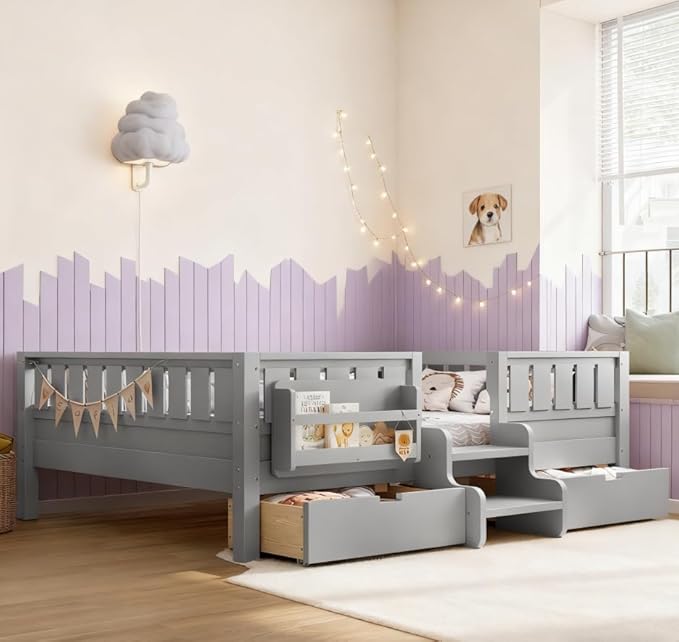 Bellemave Full Size Kids Bed with high Rails and with Built-in Bookshelf and Drawers for Kids, Girls, Boys, Wood Montessori Bed Without Door, Gray