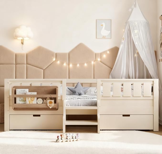 Bellemave Full Size Kids Bed with high Rails and with Built-in Bookshelf and Drawers for Kids, Girls, Boys, Wood Montessori Bed Without Door, Beige