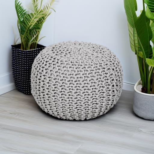 REDEARTH · Round Boho Pouf Ottoman - Cable Knitted Cord Boho Pouffe - Stuffed Poof Accent Beanbag Footrest for Living Room - Nursery - Bedroom - Covered Patio - Study Nook (19.5"x19.5"x14") - Gray