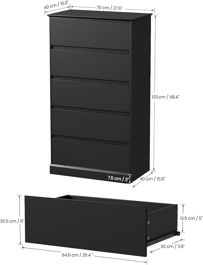 5 Drawer Dresser, Modern Tall Dresser for Bedroom, Wooden Black Chest of Drawers with Large Stoage, Vertical Dressers for Bedroom,Living Room, Entryway, or Hallway, Black